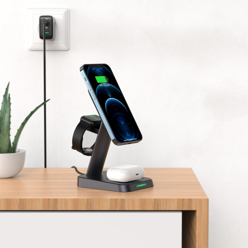 3in1 15W Qi įkroviklis su magnetiniu laikikliu iPhone, Apple Watch ir AirPods, juodas