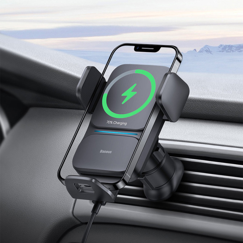 Indukcinis automobilinis pakrovėjas + Wisdom grotelių telefono laikiklis, juodas