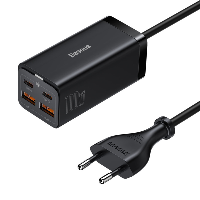 Greitas universalus GaN įkroviklis 2x USB-C 2x USB 100W QC 4.0+ AFC juoda