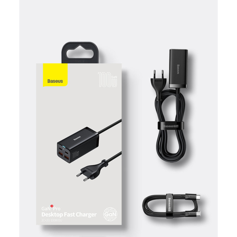 Greitas universalus GaN įkroviklis 2x USB-C 2x USB 100W QC 4.0+ AFC juoda
