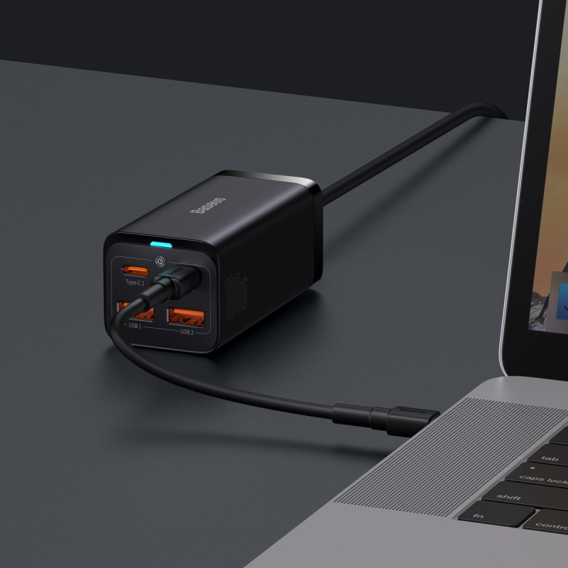 Greitas universalus GaN įkroviklis 2x USB-C 2x USB 100W QC 4.0+ AFC juoda