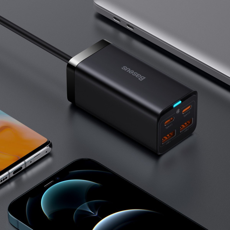 Greitas universalus GaN įkroviklis 2x USB-C 2x USB 100W QC 4.0+ AFC juoda