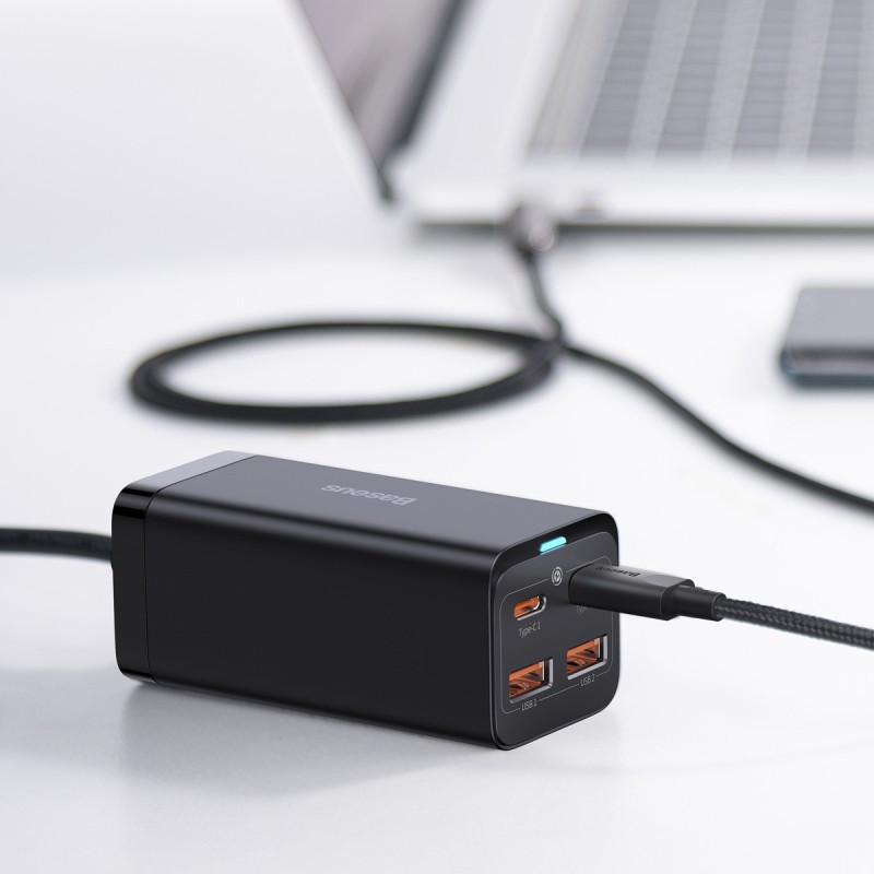 Greitas universalus GaN įkroviklis 2x USB-C 2x USB 100W QC 4.0+ AFC juoda