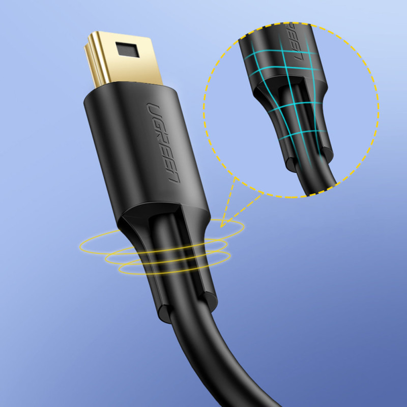 USB - mini USB laidas, 5 kontaktų, paauksuotas, 0,5 m, juodas