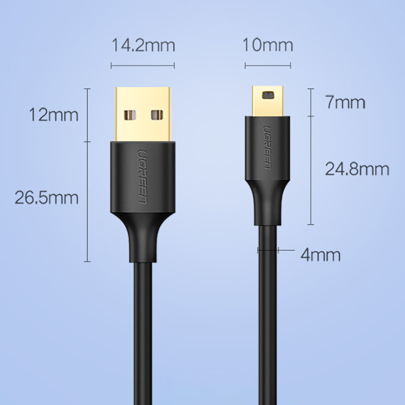 USB - mini USB laidas, 5 kontaktų, paauksuotas, 0,5 m, juodas