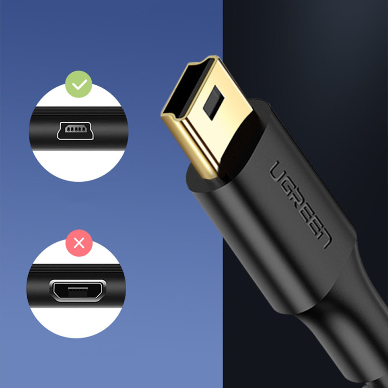 USB - mini USB laidas, 5 kontaktų, paauksuotas, 0,5 m, juodas