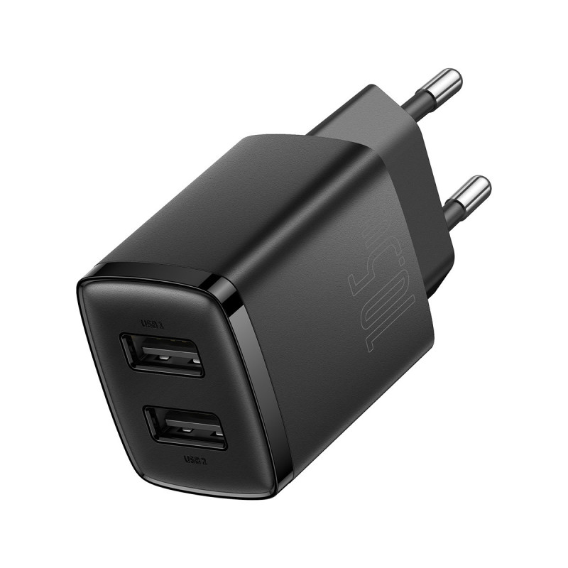 Kompaktiškas 2x USB 10.5W sieninis įkroviklis, juodas