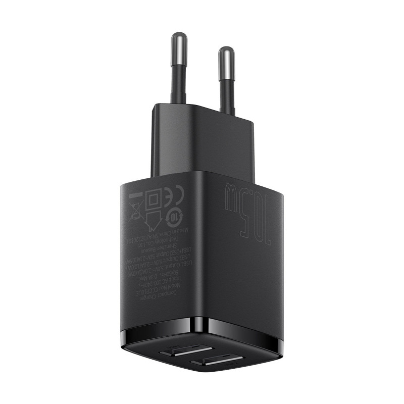 Kompaktiškas 2x USB 10.5W sieninis įkroviklis, juodas