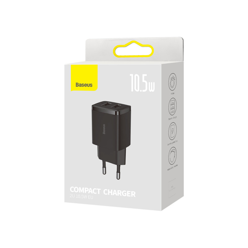 Kompaktiškas 2x USB 10.5W sieninis įkroviklis, juodas