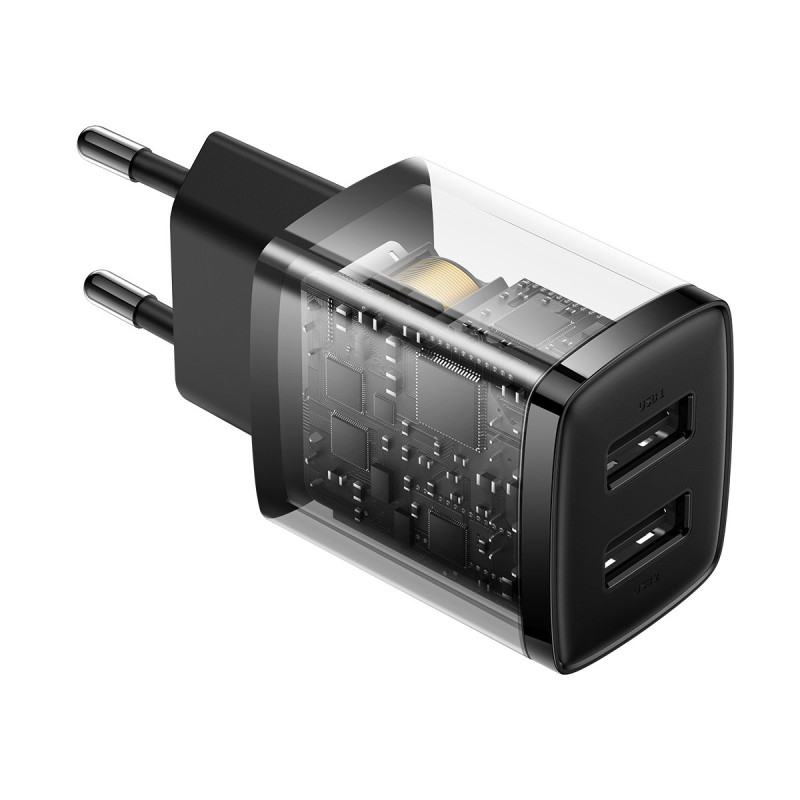 Kompaktiškas 2x USB 10.5W sieninis įkroviklis, juodas