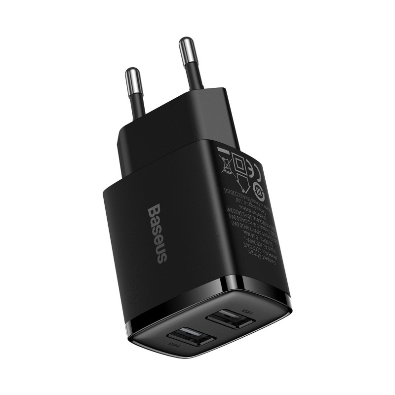 Kompaktiškas 2x USB 10.5W sieninis įkroviklis, juodas