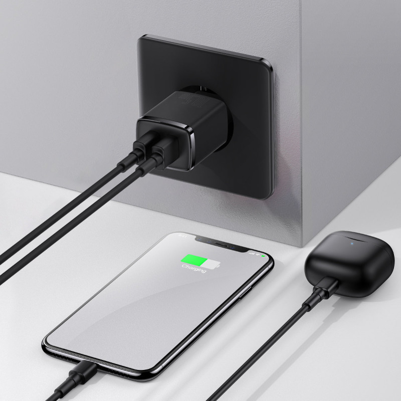 Kompaktiškas 2x USB 10.5W sieninis įkroviklis, juodas