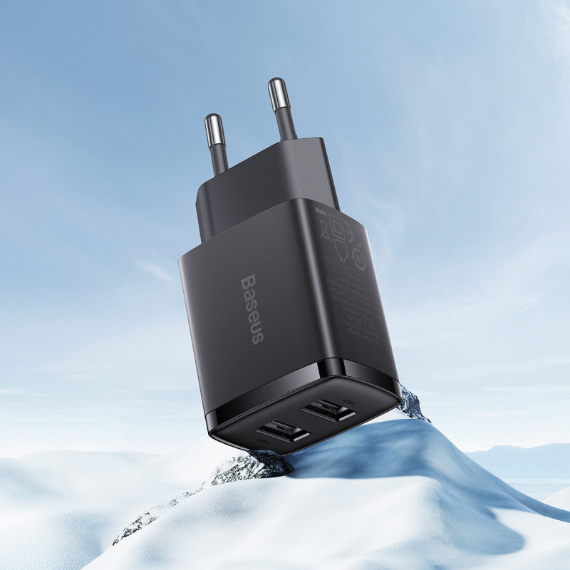 Kompaktiškas 2x USB 10.5W sieninis įkroviklis, juodas