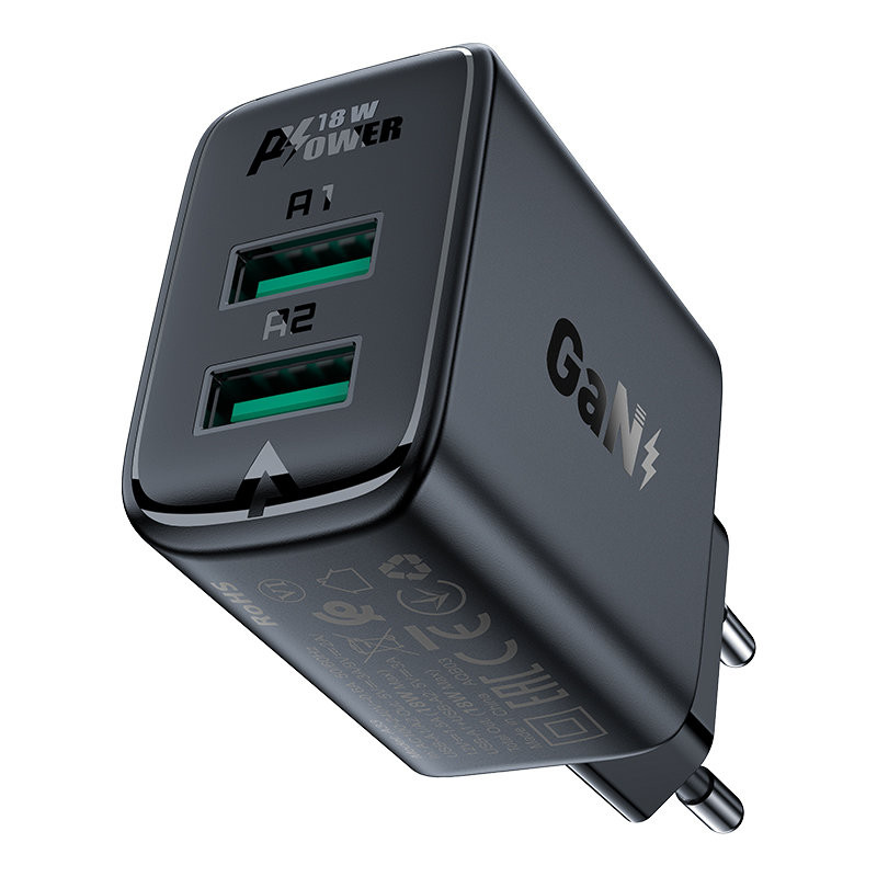 
GaN tinklo įkroviklis 2x USB 18W QC 3.0 AFC FCP juodas
