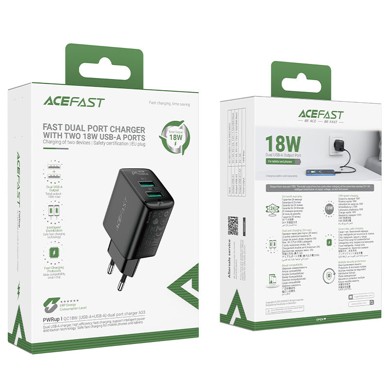 GaN tinklo įkroviklis 2x USB 18W QC 3.0 AFC FCP juodas