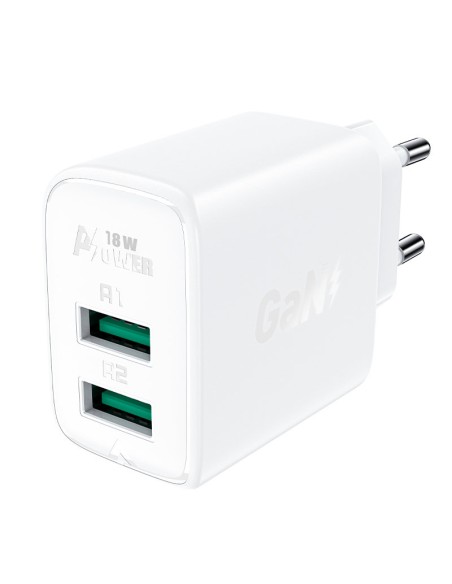 
GaN tinklo įkroviklis 2x USB 18W QC 3.0 AFC FCP baltas

