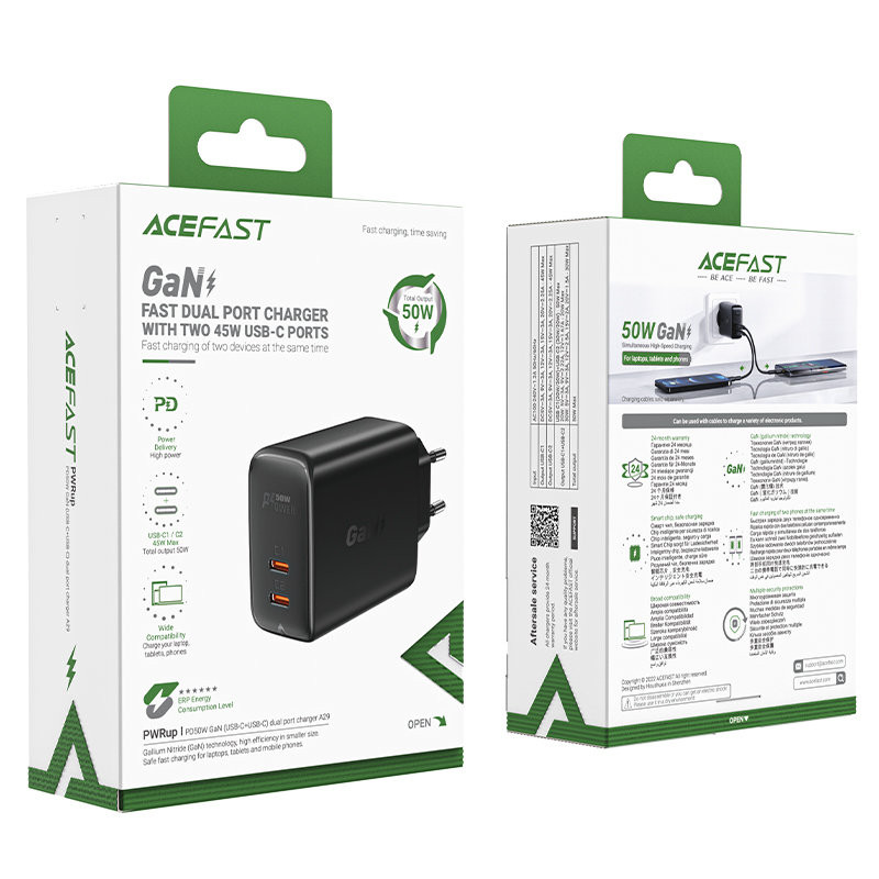 A29 GaN sieninis įkroviklis, du USB-C PD prievadai, 50W, juodas