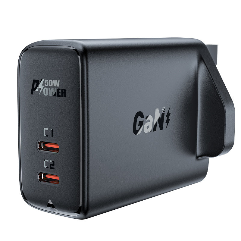 
Lietuviškai A32 GaN tinklo įkroviklis du USB-C PD prievadai 50W JK kištukas juodas
