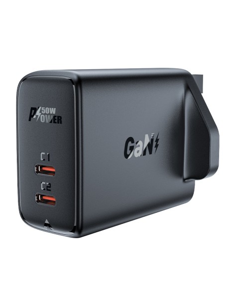 
Lietuviškai A32 GaN tinklo įkroviklis du USB-C PD prievadai 50W JK kištukas juodas
