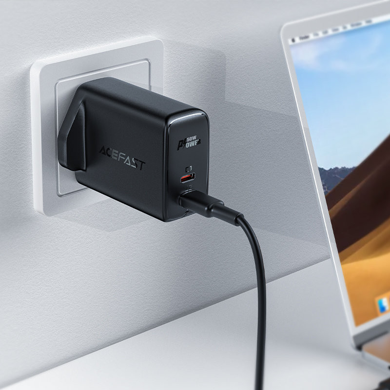 
Lietuviškai A32 GaN tinklo įkroviklis du USB-C PD prievadai 50W JK kištukas juodas
