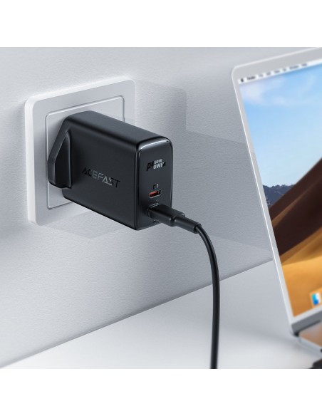 
Lietuviškai A32 GaN tinklo įkroviklis du USB-C PD prievadai 50W JK kištukas juodas
