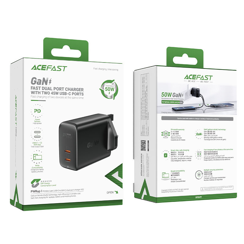 
Lietuviškai A32 GaN tinklo įkroviklis du USB-C PD prievadai 50W JK kištukas juodas
