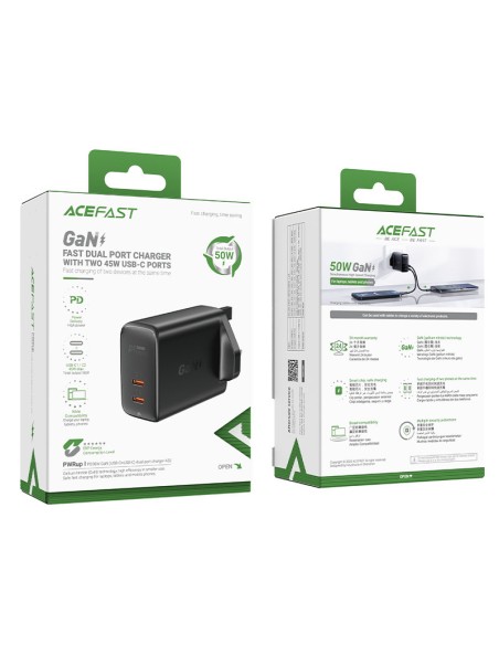 
Lietuviškai A32 GaN tinklo įkroviklis du USB-C PD prievadai 50W JK kištukas juodas
