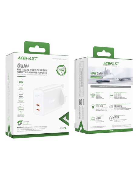 
Lietuviškai A32 GaN tinklo įkroviklis du USB-C PD prievadai 50W JK kištukas baltas
