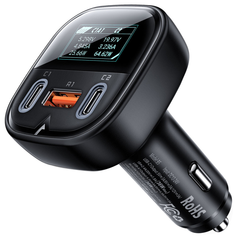
Automobilinis įkroviklis su ekranu 2x USB-C 1x USB 101W Power Delivery QC 4.0 juoda
