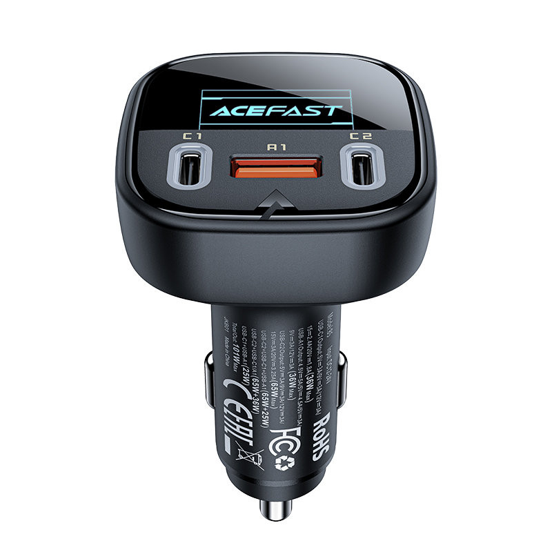 Automobilinis įkroviklis su ekranu 2x USB-C 1x USB 101W Power Delivery QC 4.0 juoda