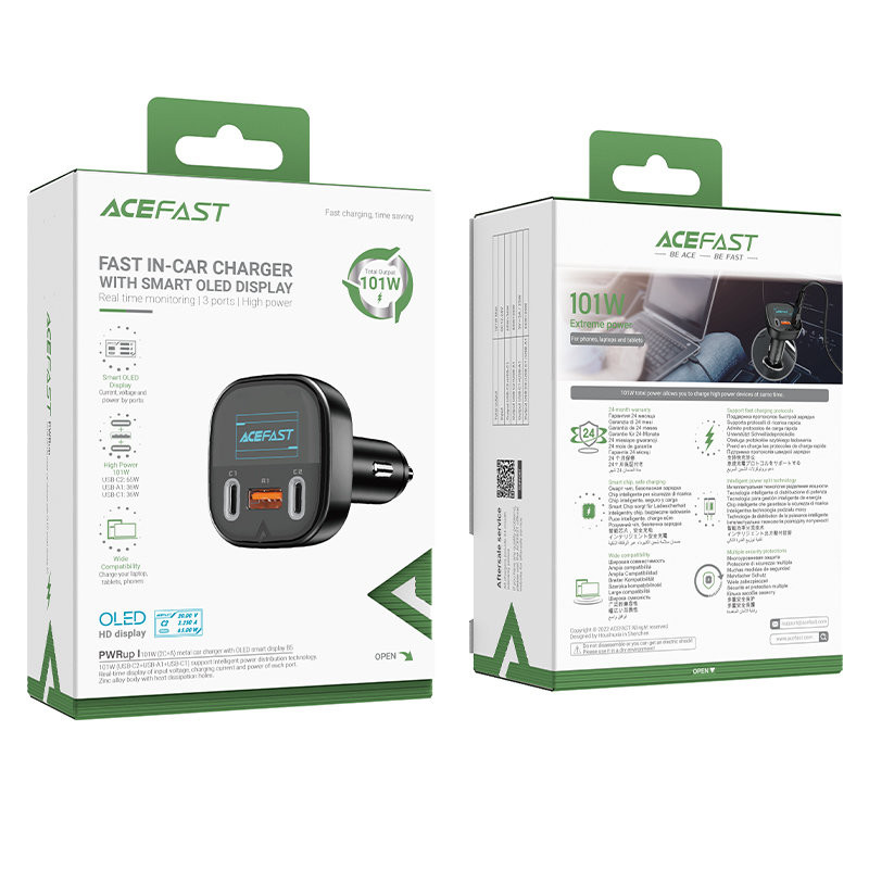 Automobilinis įkroviklis su ekranu 2x USB-C 1x USB 101W Power Delivery QC 4.0 juoda