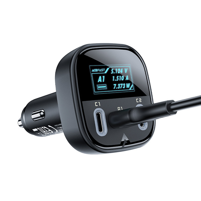 Automobilinis įkroviklis su ekranu 2x USB-C 1x USB 101W Power Delivery QC 4.0 juoda