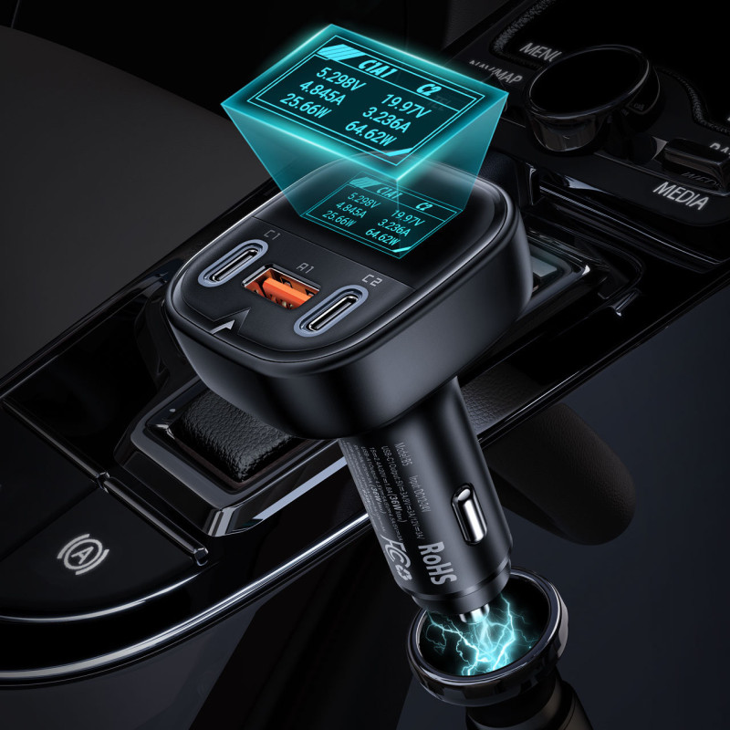 Automobilinis įkroviklis su ekranu 2x USB-C 1x USB 101W Power Delivery QC 4.0 juoda