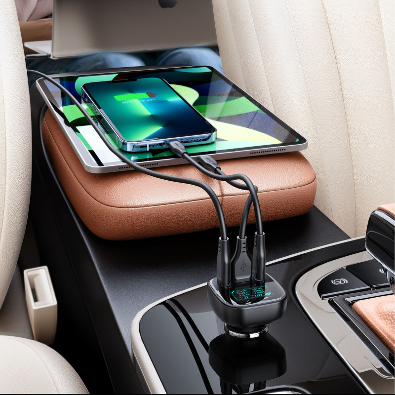 Automobilinis įkroviklis su ekranu 2x USB-C 1x USB 101W Power Delivery QC 4.0 juoda