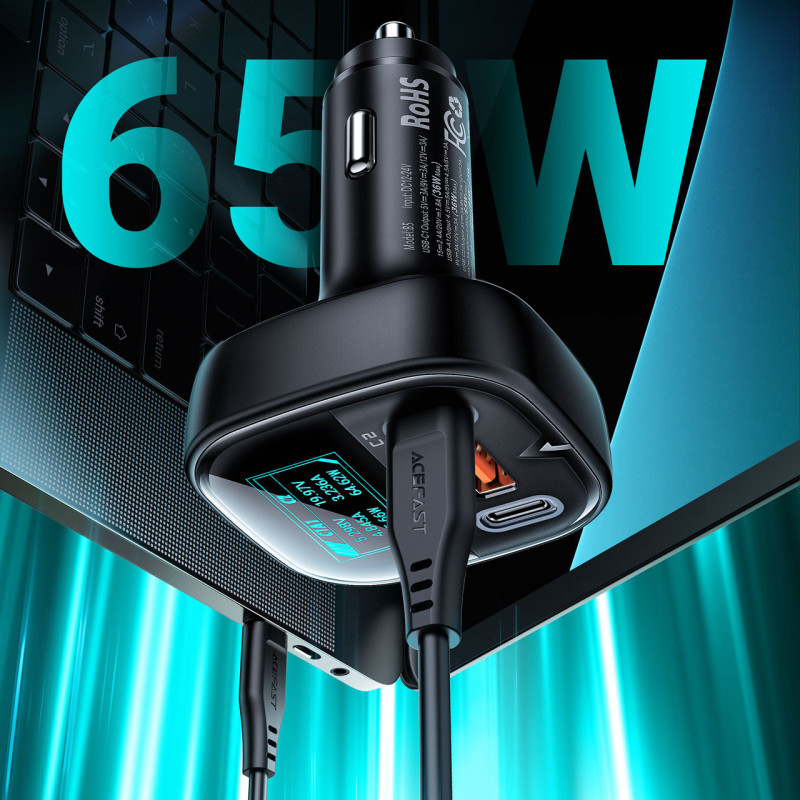 Automobilinis įkroviklis su ekranu 2x USB-C 1x USB 101W Power Delivery QC 4.0 juoda