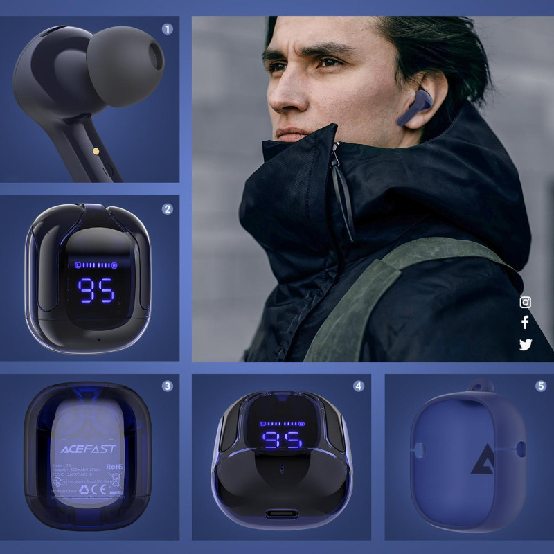 Į ausis įdedamos TWS Bluetooth belaidės ausinės, mėlynos