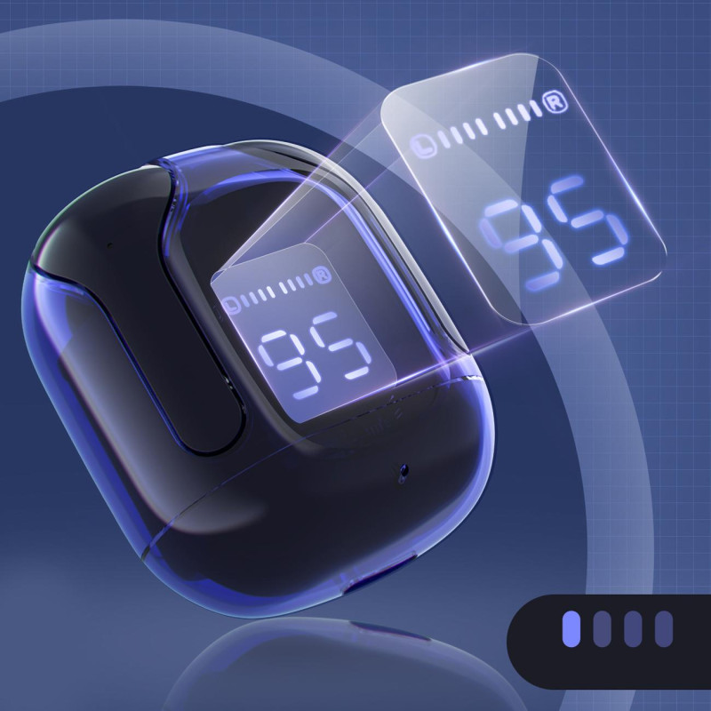 Į ausis įdedamos TWS Bluetooth belaidės ausinės, mėlynos