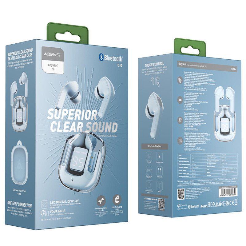 In-ear TWS Bluetooth belaidės ausinės šviesiai mėlynos spalvos