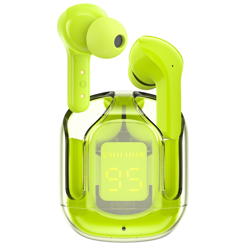 
Į ausis įdedamos TWS Bluetooth belaidės ausinės, žalios spalvos
