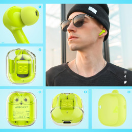 
Į ausis įdedamos TWS Bluetooth belaidės ausinės, žalios spalvos
