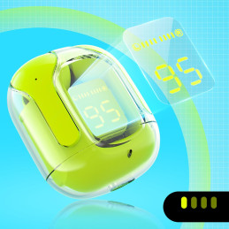 
Į ausis įdedamos TWS Bluetooth belaidės ausinės, žalios spalvos
