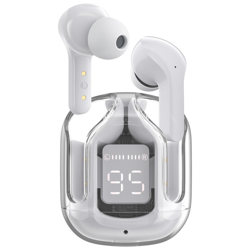 
Į ausis įdedamos TWS Bluetooth belaidės ausinės, pilkos spalvos
