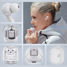 
Į ausis įdedamos TWS Bluetooth belaidės ausinės, pilkos spalvos
