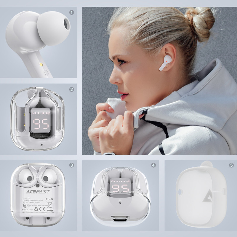 Į ausis įdedamos TWS Bluetooth belaidės ausinės, pilkos spalvos