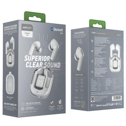 
Į ausis įdedamos TWS Bluetooth belaidės ausinės, pilkos spalvos
