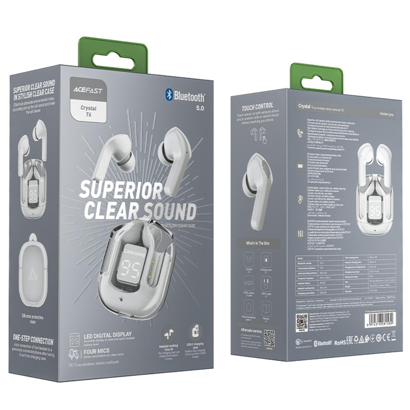 Į ausis įdedamos TWS Bluetooth belaidės ausinės, pilkos spalvos