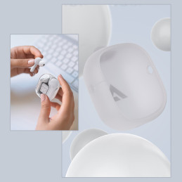 
Į ausis įdedamos TWS Bluetooth belaidės ausinės, pilkos spalvos
