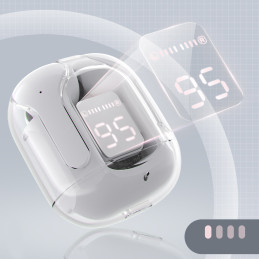 
Į ausis įdedamos TWS Bluetooth belaidės ausinės, pilkos spalvos
