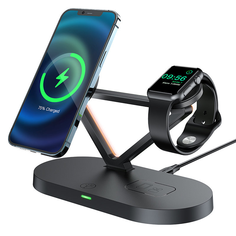 3in1 Qi 15W belaidis įkroviklis ir stovas iPhone Apple Watch ir AirPods juodos spalvos