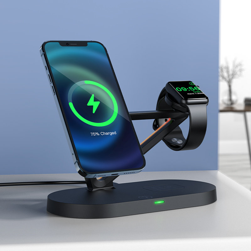 3in1 Qi 15W belaidis įkroviklis ir stovas iPhone Apple Watch ir AirPods juodos spalvos